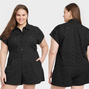 XXL - Womens Short Sleeve Eyelet Camp T-Shirt - A New Day - Black